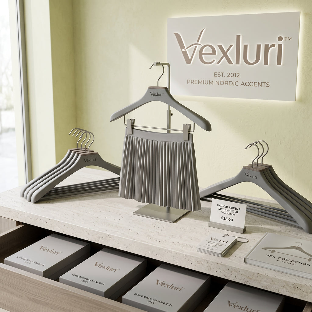 Vexluri™ The Veil Collection Luxury Dress &amp; Skirt Hangers with Clips – Premium Nordic Minimalist Non-Slip Coat &amp; Trouser Hangers, Matte Grey Edition