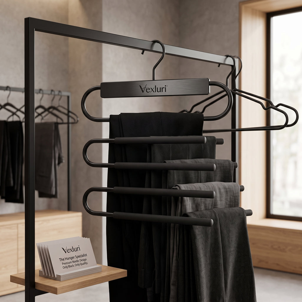 Vexluri™ 5-Tier Space-Saving Pants Hanger | Premium Matte Black Multi-Trouser Organizer