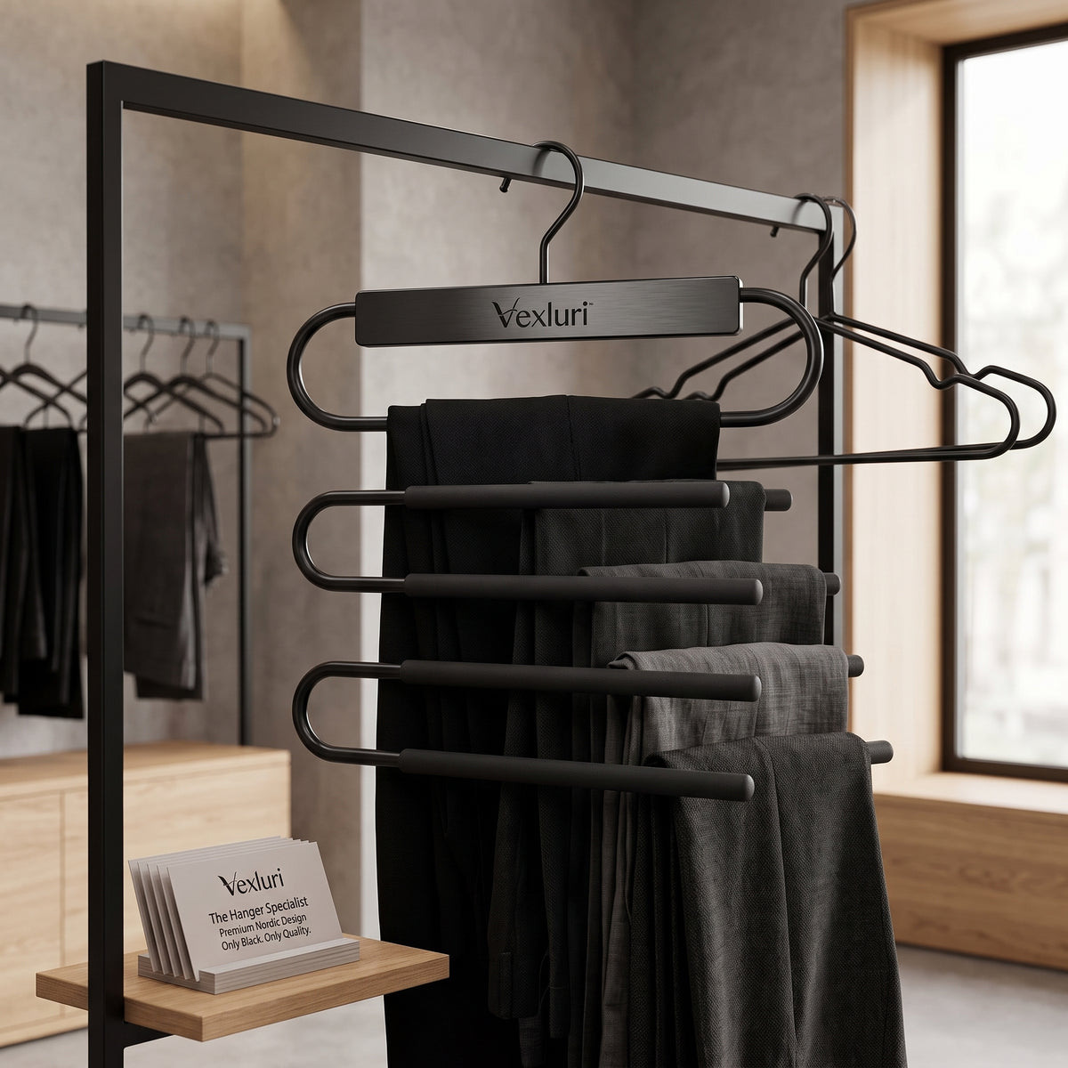 Vexluri™ 5-Tier Space-Saving Pants Hanger | Premium Matte Black Multi-Trouser Organizer