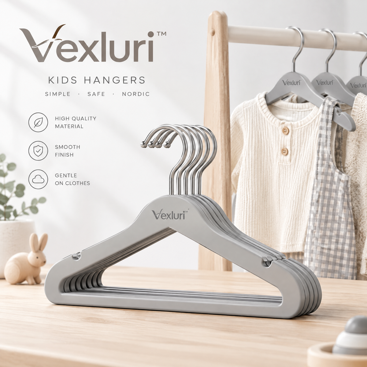 Vexluri™ Premium Kids Clothes Hangers – Smooth Finish Baby &amp; Toddler Hangers with 360° Swivel Metal Hooks and Shoulder Notches, Gentle on Delicate Garments (Nordic Gray)