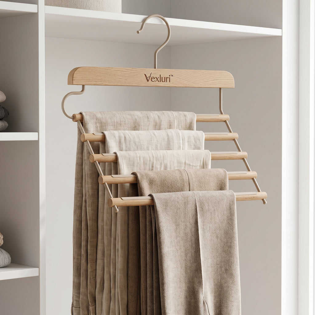 Vexluri™ 5-Tier Wooden Pants Hanger – Multi-Layer Space-Saving Trouser &amp; Closet Organizer