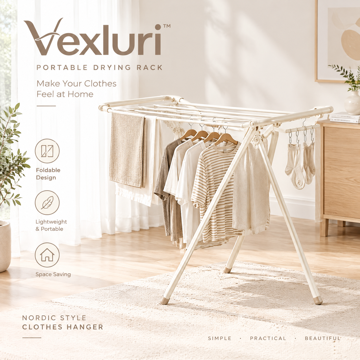 Vexluri™ Foldable Clothes Drying Rack – Portable &amp; Space-Saving Freestanding Laundry Drying Stand for Indoor and Balcony Use