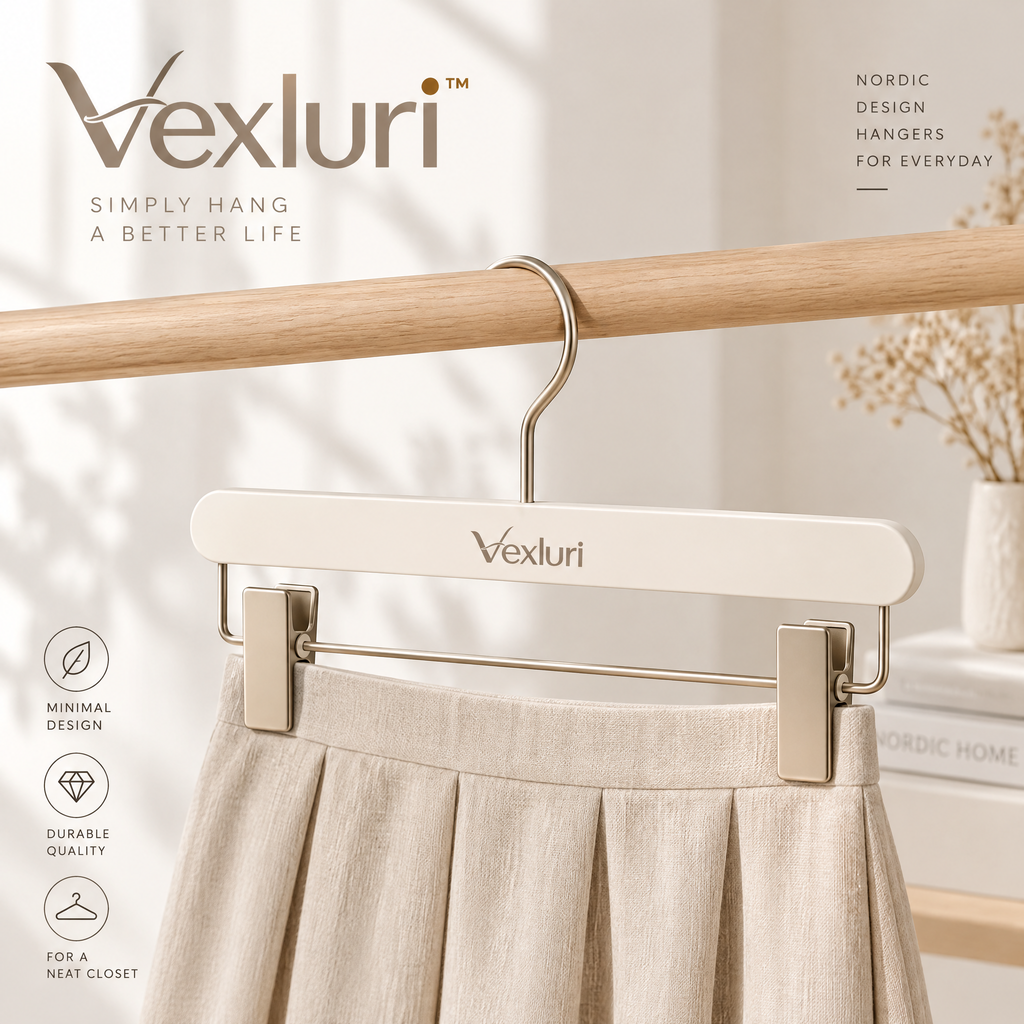 Vexluri™ Nordic Wooden Skirt &amp; Pants Hangers with Adjustable Clips, Matte Cream &amp; Champagne Gold