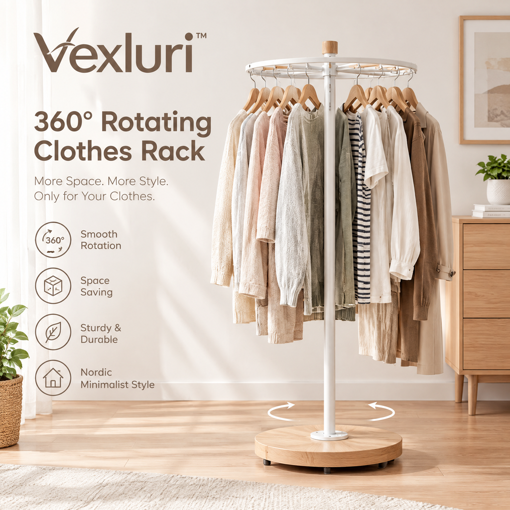 Vexluri™ 360° Rotating Clothes Rack – Freestanding Nordic Garment Organizer with Heavy-Duty Wood Base