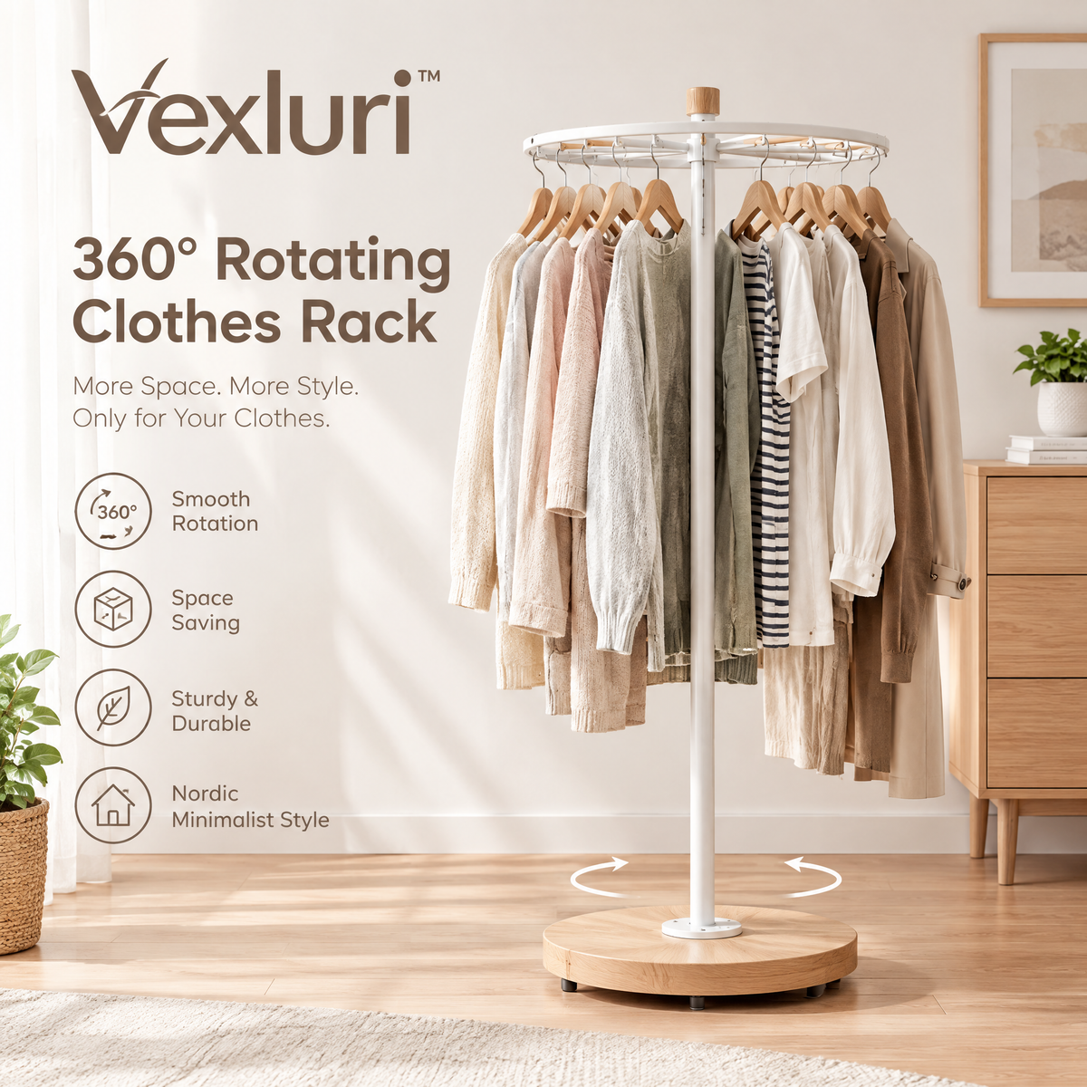 Vexluri™ 360° Rotating Clothes Rack – Freestanding Nordic Garment Organizer with Heavy-Duty Wood Base
