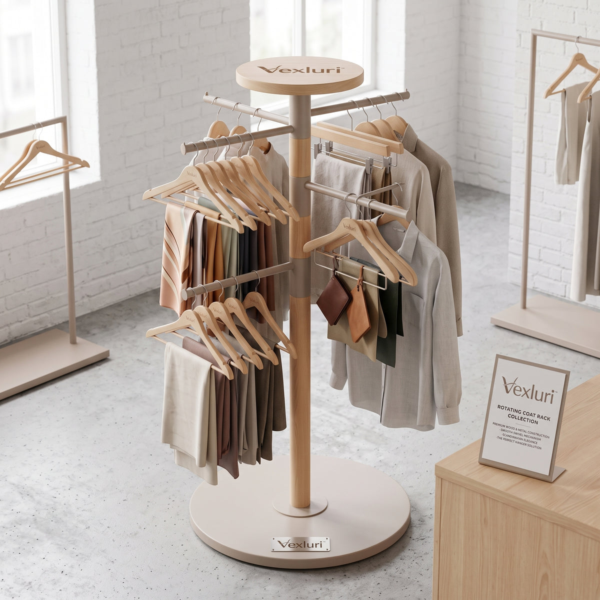 Vexluri™ 360° Rotating Freestanding Garment Rack – Modern Wood &amp; Metal Multi-Tier Clothes Display Stand for Boutiques and Home Closets