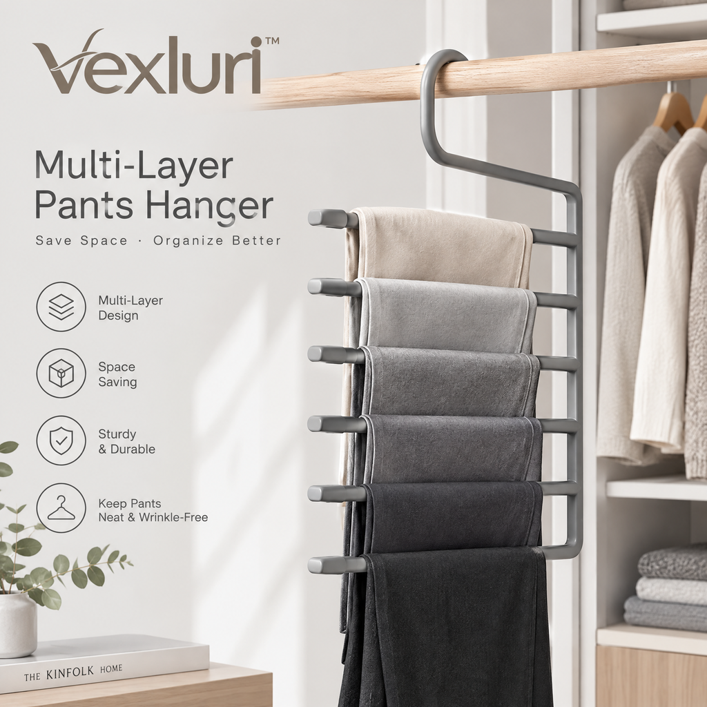 Vexluri™ 6-Tier Multi-Layer Pants Hanger – Heavy-Duty Space-Saving Closet Organizer for Jeans, Trousers &amp; Scarves