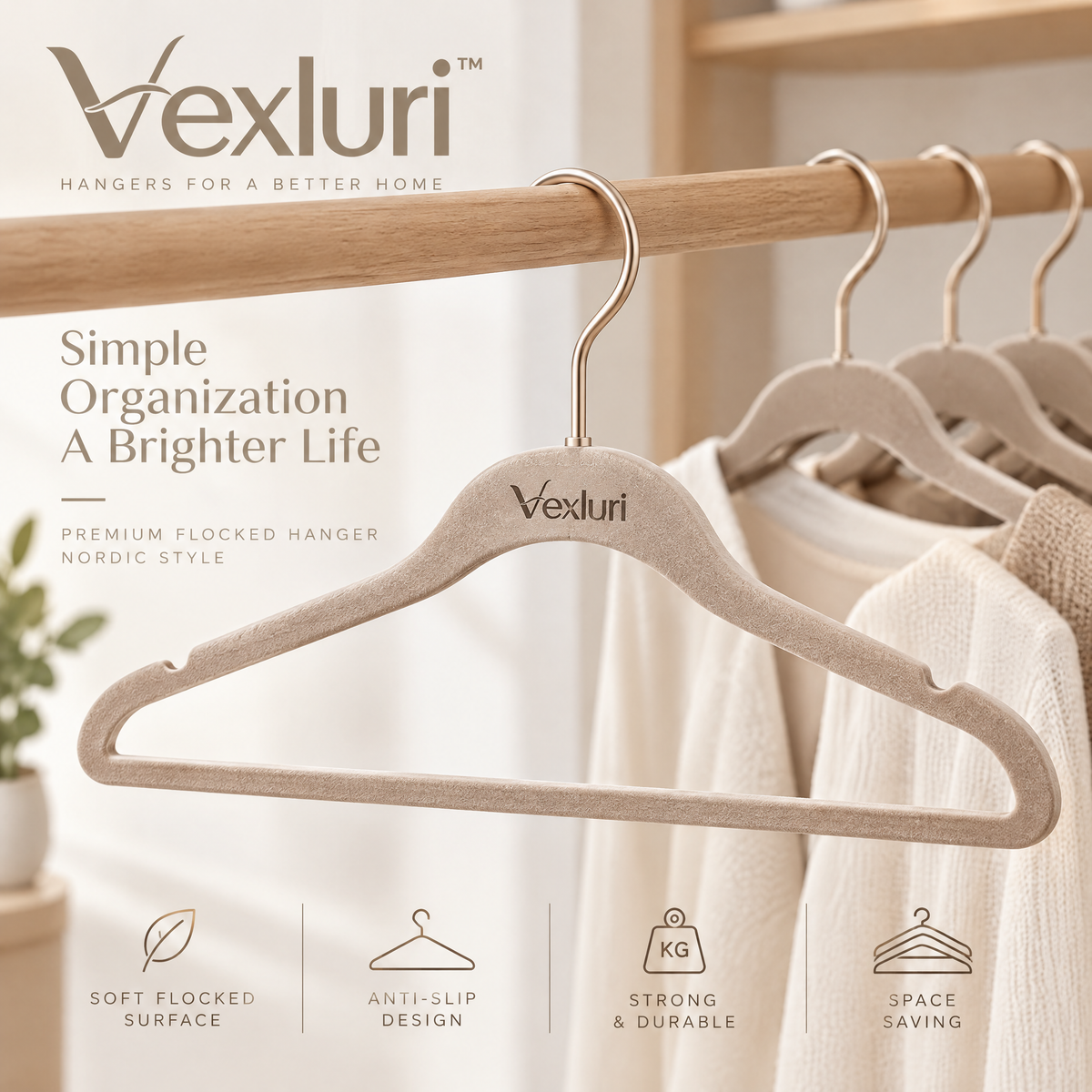 Vexluri™ Premium Flocked Clothes Hangers – Non-Slip, Ultra-Slim Space Saving Velvet Coat Hangers with 360° Swivel Hook (Nordic Style)