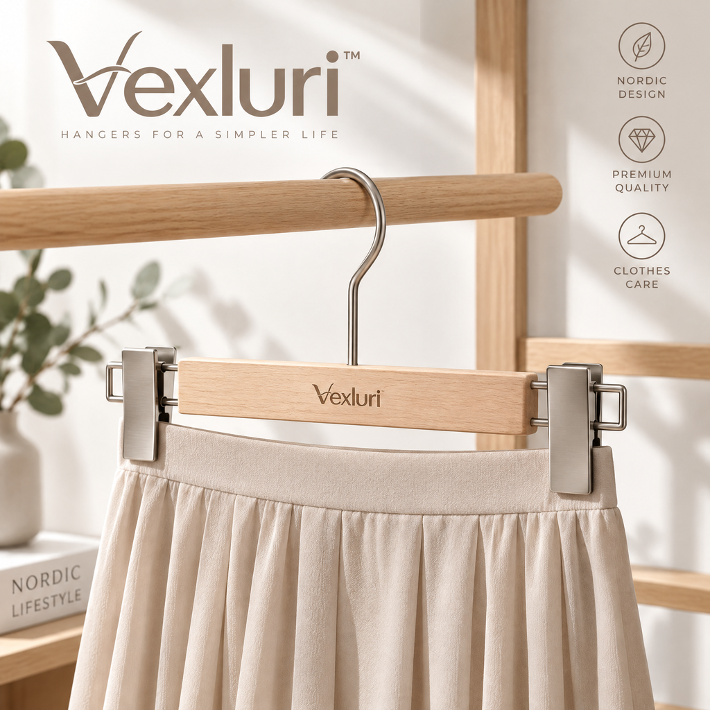Vexluri™ Natural Wooden Pants &amp; Skirt Hangers with Adjustable Matte Metal Clips