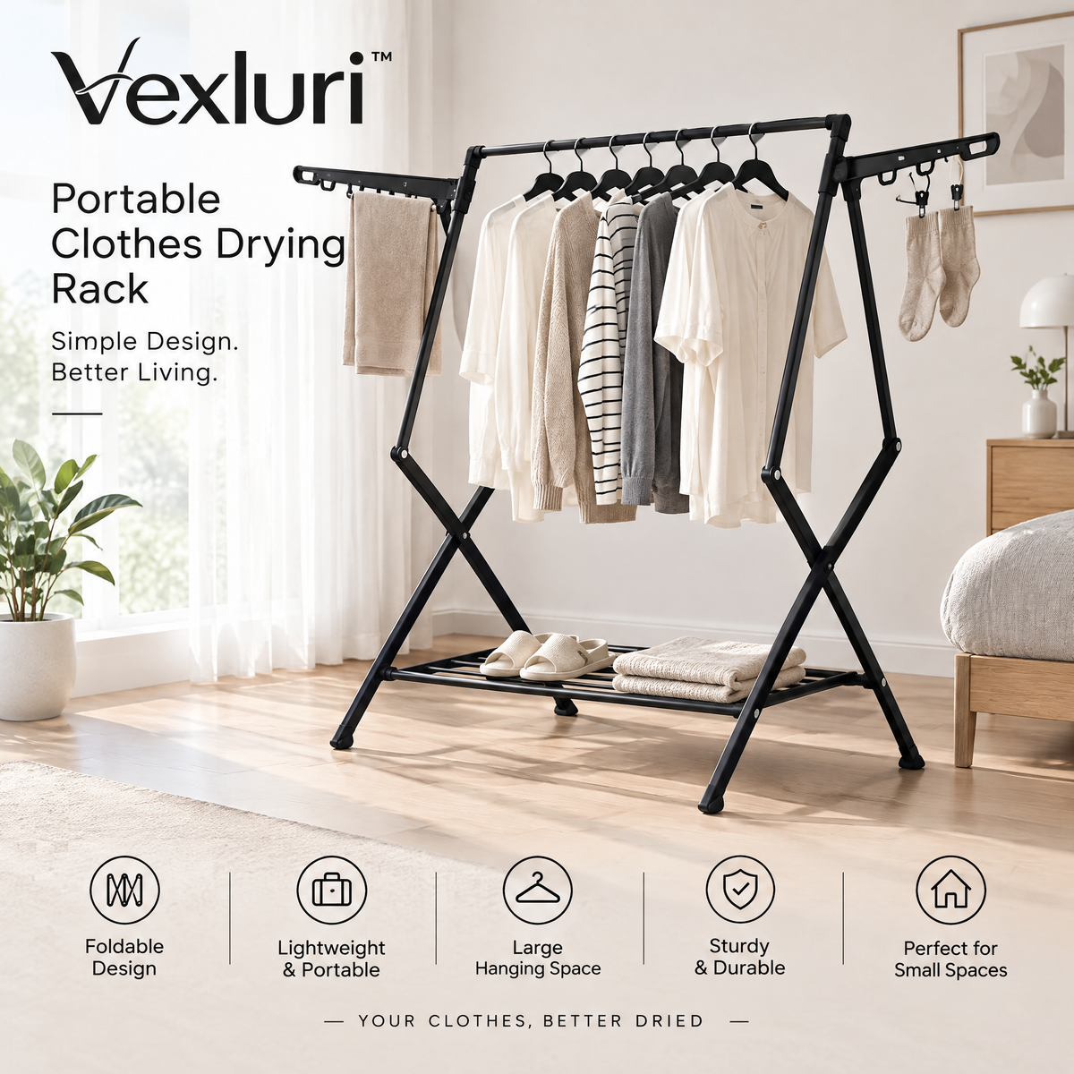 Vexluri™ Foldable Clothes Drying Rack – Portable Heavy-Duty Laundry Airer with Side Wings and Bottom Shelf, Space-Saving Garment Rack for Small Spaces