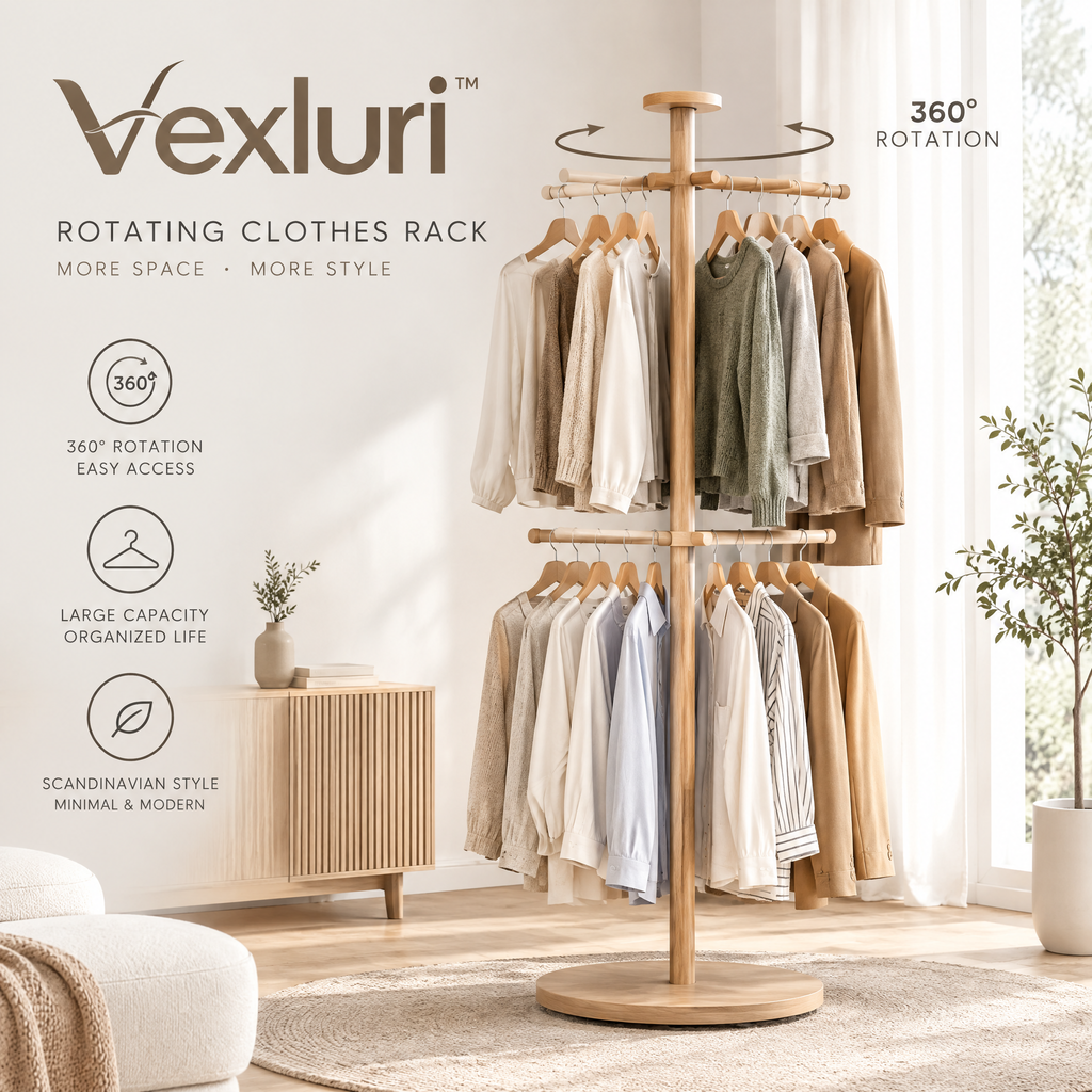 Vexluri™ 2-Tier 360° Rotating Wooden Clothes Rack, Freestanding Carousel Garment Tree for Bedroom &amp; Closet