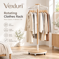 Vexluri™ 360° Rotating Clothes Rack with Wheels – Modern Freestanding Round Garment Carousel, Space-Saving Wood &amp; Metal Coat Organizer for Bedroom