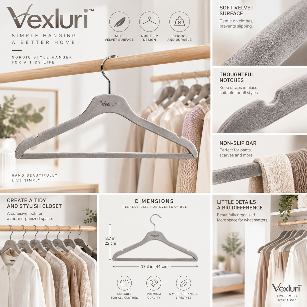 Vexluri™ Premium Non-Slip Velvet Clothes Hangers, Heavy-Duty Space-Saving Suit &amp; Coat Hangers with Notches (Grey)