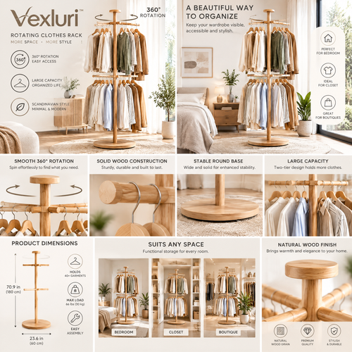 Vexluri™ 2-Tier 360° Rotating Wooden Clothes Rack, Freestanding Carousel Garment Tree for Bedroom &amp; Closet