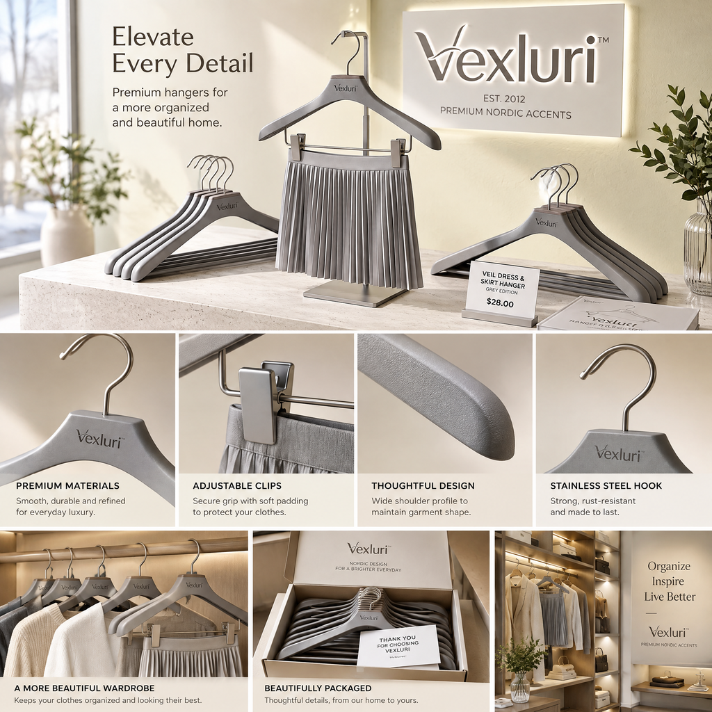 Vexluri™ The Veil Collection Luxury Dress &amp; Skirt Hangers with Clips – Premium Nordic Minimalist Non-Slip Coat &amp; Trouser Hangers, Matte Grey Edition