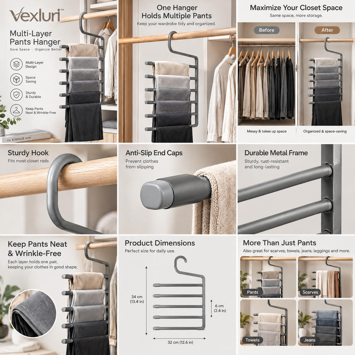 Vexluri™ 6-Tier Multi-Layer Pants Hanger – Heavy-Duty Space-Saving Closet Organizer for Jeans, Trousers &amp; Scarves