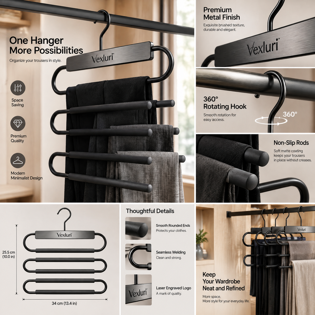 Vexluri™ 5-Tier Space-Saving Pants Hanger | Premium Matte Black Multi-Trouser Organizer