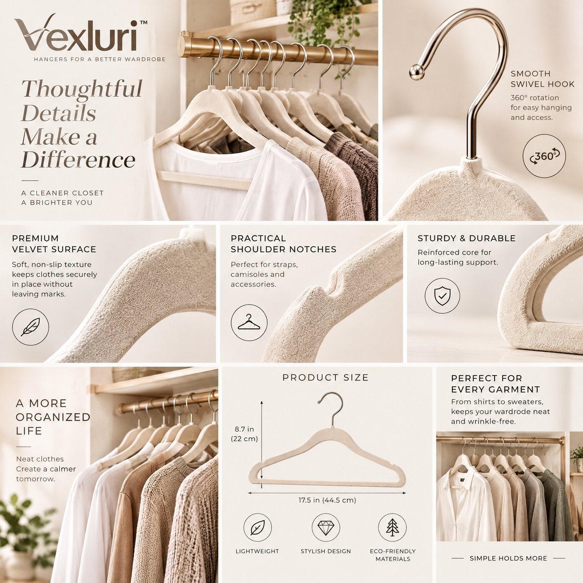 Vexluri™ Premium Slim Velvet Clothes Hangers, Non-Slip Space-Saving Coat Hangers with 360° Swivel Hook, Ivory Cream