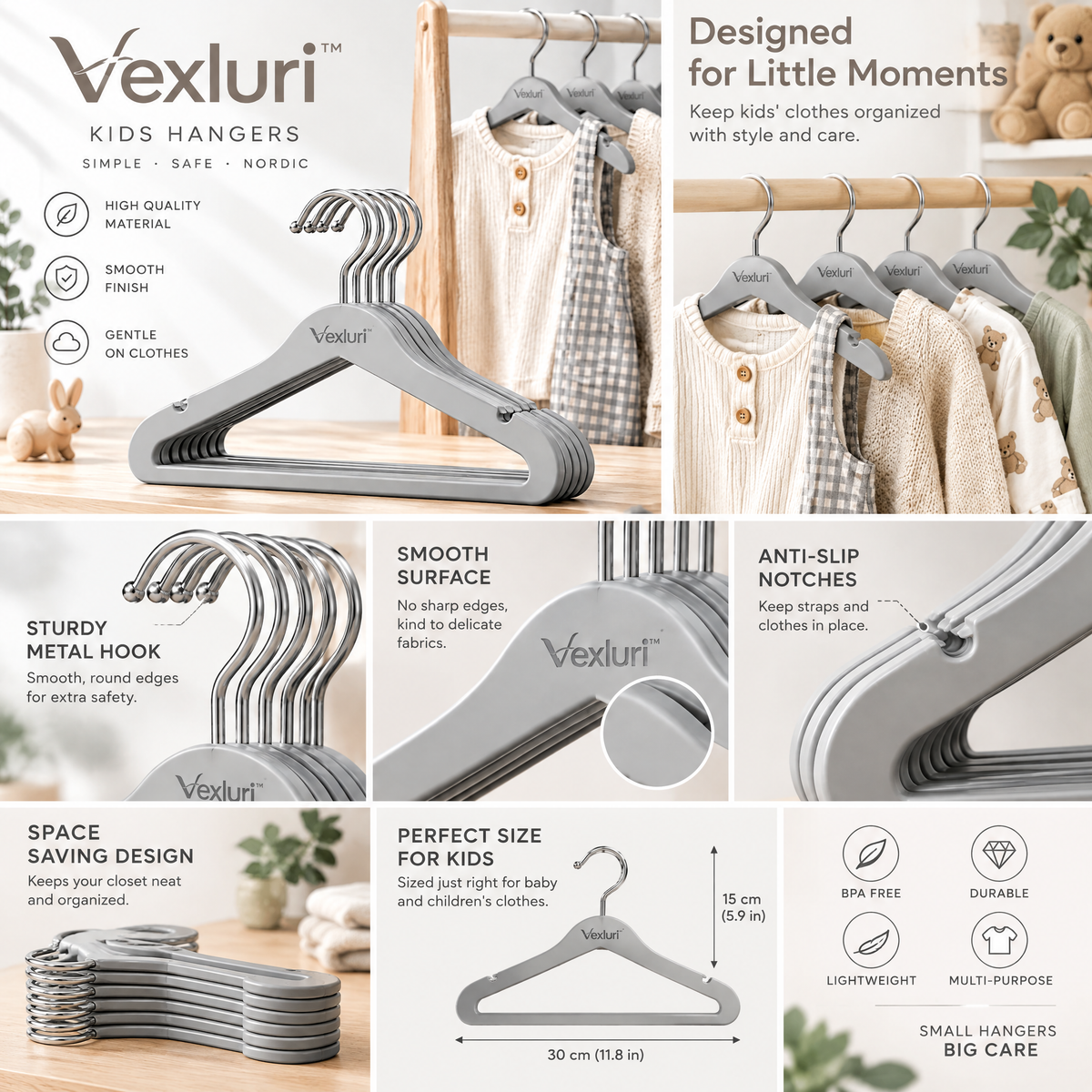 Vexluri™ Premium Kids Clothes Hangers – Smooth Finish Baby &amp; Toddler Hangers with 360° Swivel Metal Hooks and Shoulder Notches, Gentle on Delicate Garments (Nordic Gray)