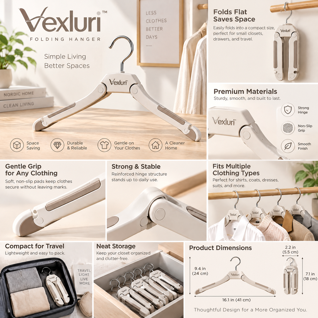 Vexluri™ Foldable Clothes Hangers – Space-Saving Non-Slip Portable Hangers for Closet Organization &amp; Travel