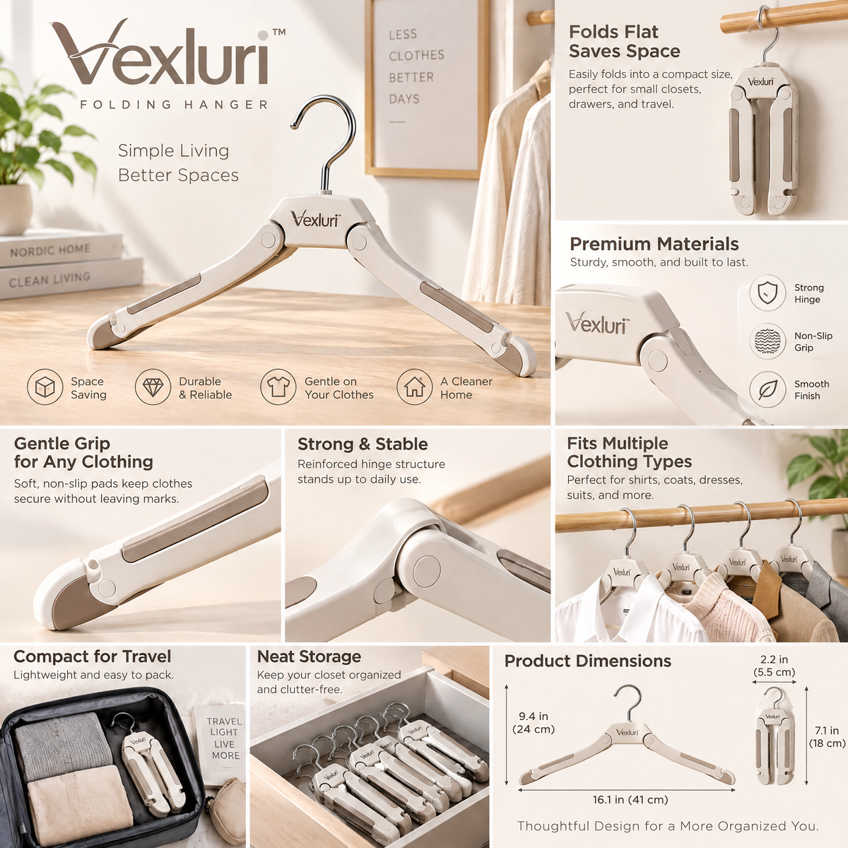 Vexluri™ Foldable Clothes Hangers – Space-Saving Non-Slip Portable Hangers for Closet Organization &amp; Travel