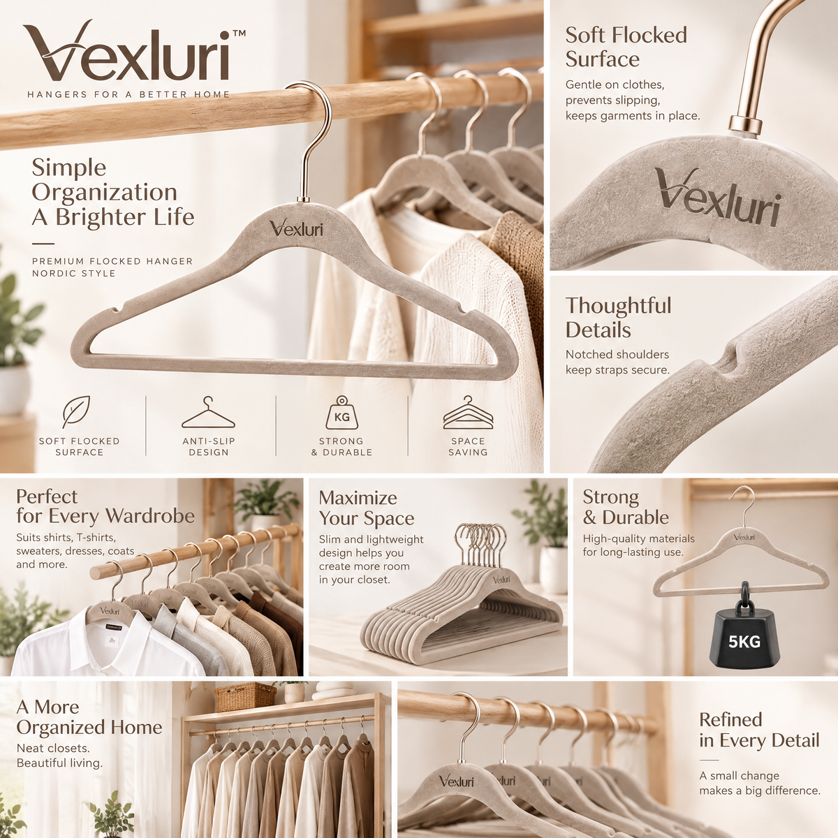 Vexluri™ Premium Flocked Clothes Hangers – Non-Slip, Ultra-Slim Space Saving Velvet Coat Hangers with 360° Swivel Hook (Nordic Style)