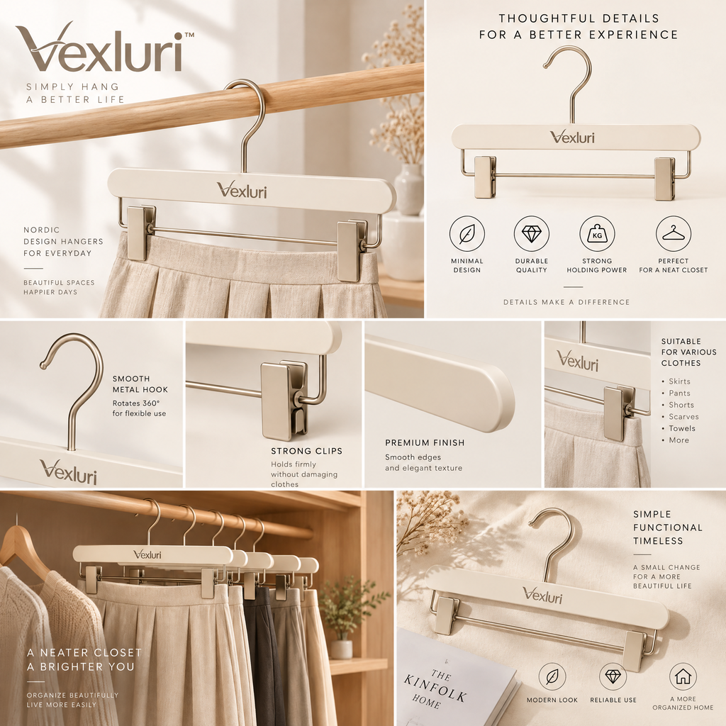 Vexluri™ Nordic Wooden Skirt &amp; Pants Hangers with Adjustable Clips, Matte Cream &amp; Champagne Gold