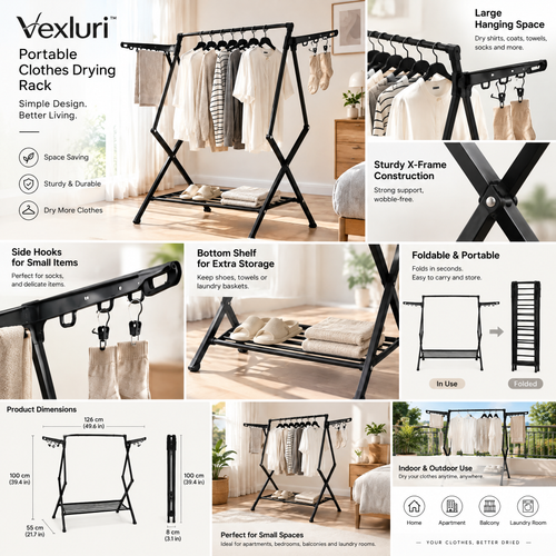 Vexluri™ Foldable Clothes Drying Rack – Portable Heavy-Duty Laundry Airer with Side Wings and Bottom Shelf, Space-Saving Garment Rack for Small Spaces