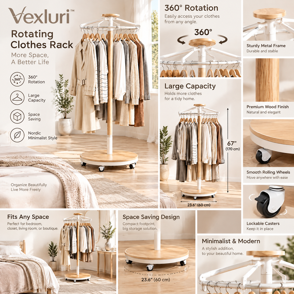 Vexluri™ 360° Rotating Clothes Rack with Wheels – Modern Freestanding Round Garment Carousel, Space-Saving Wood &amp; Metal Coat Organizer for Bedroom