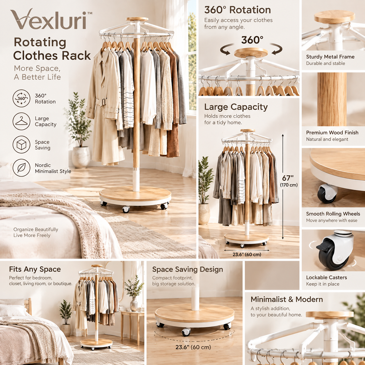 Vexluri™ 360° Rotating Clothes Rack with Wheels – Modern Freestanding Round Garment Carousel, Space-Saving Wood &amp; Metal Coat Organizer for Bedroom