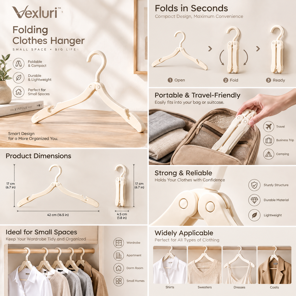 Vexluri™ Portable Folding Clothes Hanger – Compact, Lightweight Travel Hanger for Small Spaces