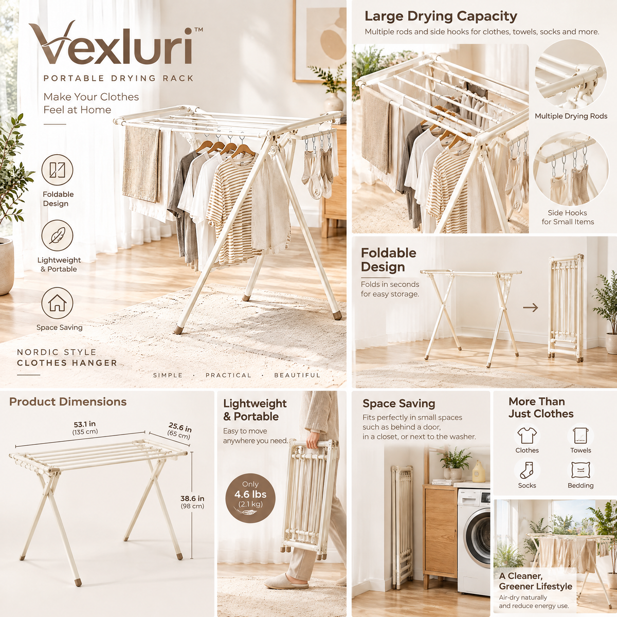 Vexluri™ Foldable Clothes Drying Rack – Portable &amp; Space-Saving Freestanding Laundry Drying Stand for Indoor and Balcony Use