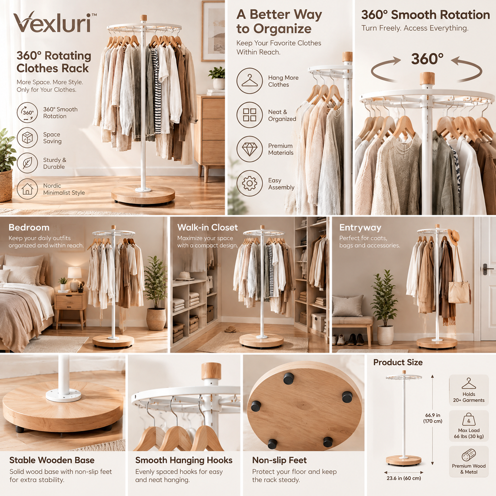 Vexluri™ 360° Rotating Clothes Rack – Freestanding Nordic Garment Organizer with Heavy-Duty Wood Base
