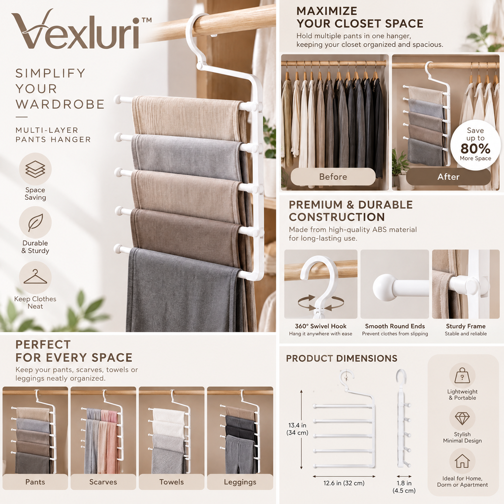 Vexluri™ 5-Tier Space-Saving Pants Hanger, Multi-Layer Closet Organizer for Trousers &amp; Jeans