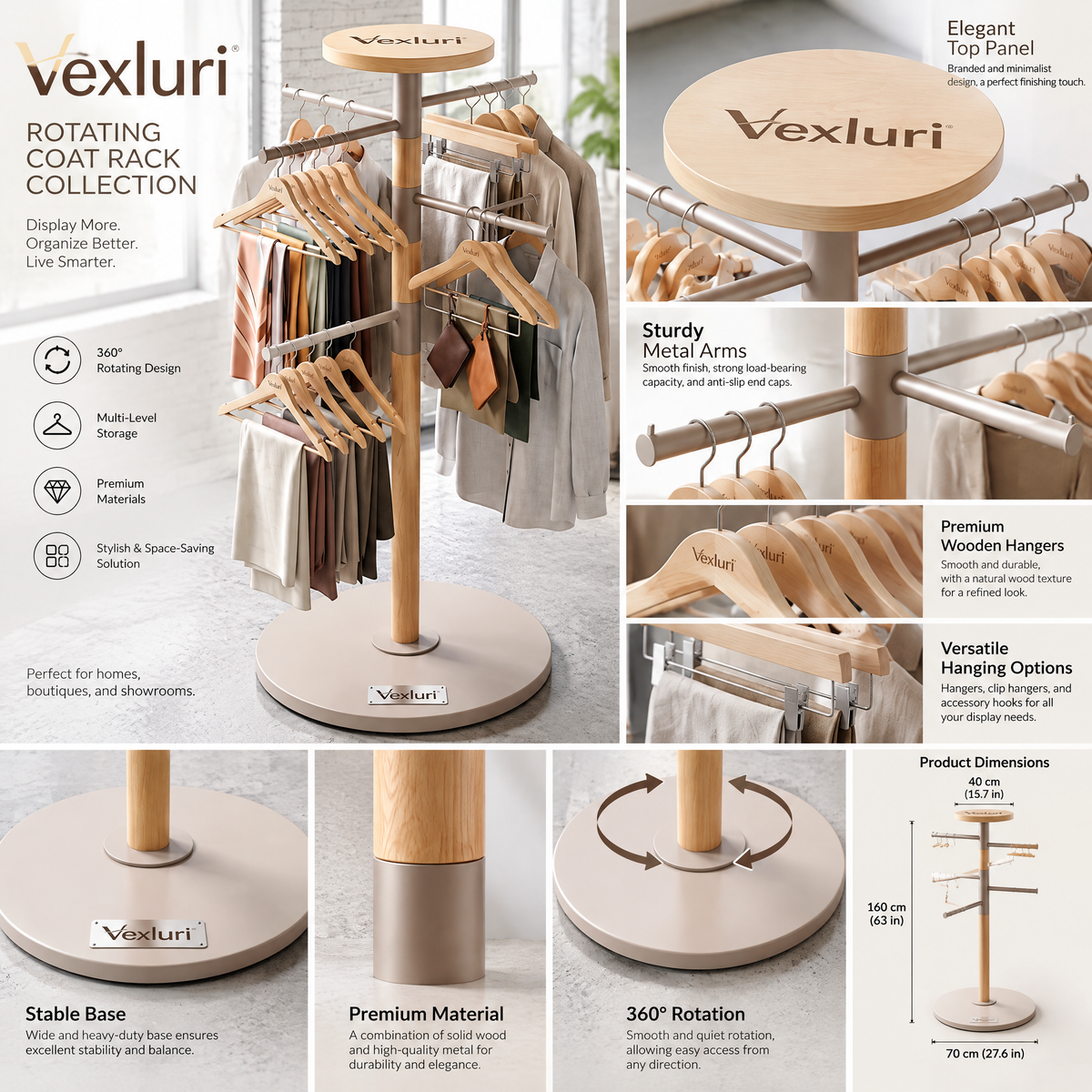 Vexluri™ 360° Rotating Freestanding Garment Rack – Modern Wood &amp; Metal Multi-Tier Clothes Display Stand for Boutiques and Home Closets
