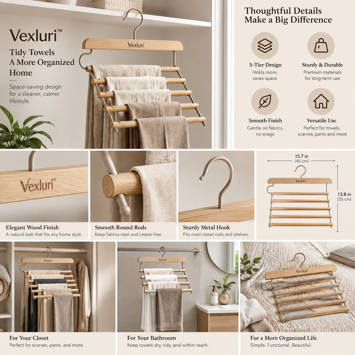Vexluri™ 5-Tier Wooden Pants Hanger – Multi-Layer Space-Saving Trouser &amp; Closet Organizer