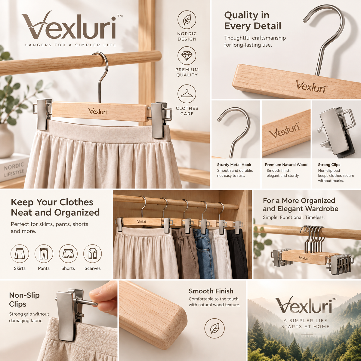 Vexluri™ Natural Wooden Pants &amp; Skirt Hangers with Adjustable Matte Metal Clips