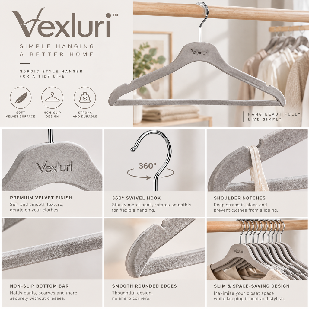Vexluri™ Premium Non-Slip Velvet Clothes Hangers, Heavy-Duty Space-Saving Suit &amp; Coat Hangers with Notches (Grey)