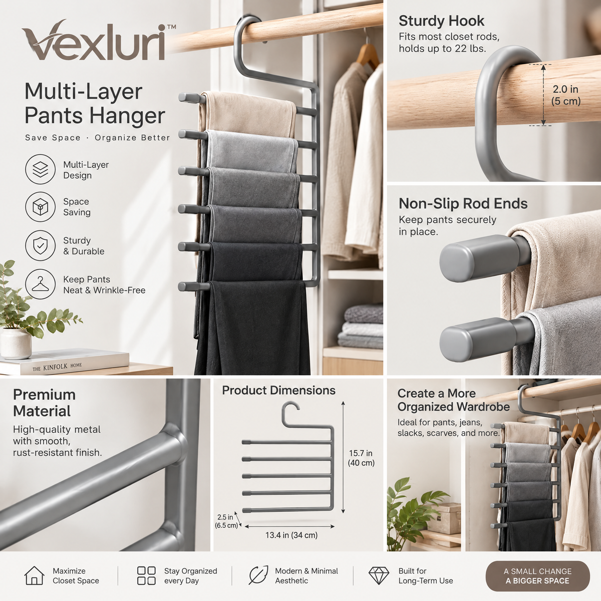 Vexluri™ 6-Tier Multi-Layer Pants Hanger – Heavy-Duty Space-Saving Closet Organizer for Jeans, Trousers &amp; Scarves