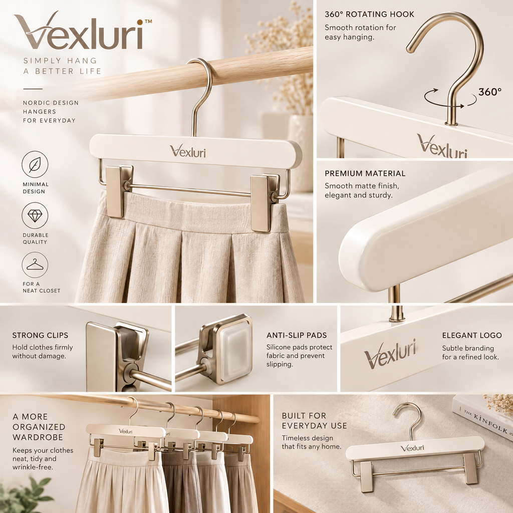 Vexluri™ Nordic Wooden Skirt &amp; Pants Hangers with Adjustable Clips, Matte Cream &amp; Champagne Gold