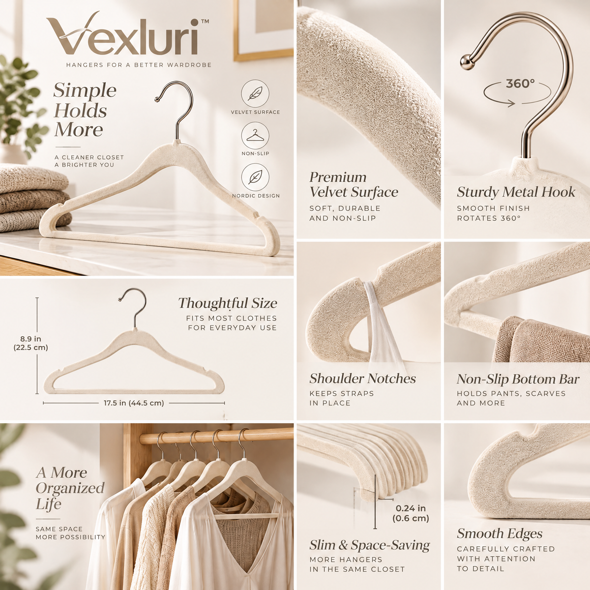 Vexluri™ Premium Slim Velvet Clothes Hangers, Non-Slip Space-Saving Coat Hangers with 360° Swivel Hook, Ivory Cream
