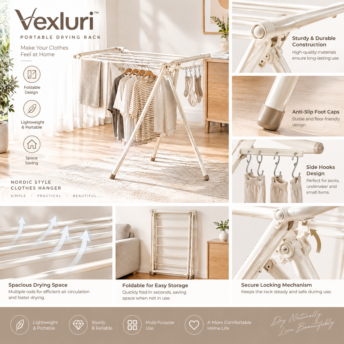 Vexluri™ Foldable Clothes Drying Rack – Portable &amp; Space-Saving Freestanding Laundry Drying Stand for Indoor and Balcony Use