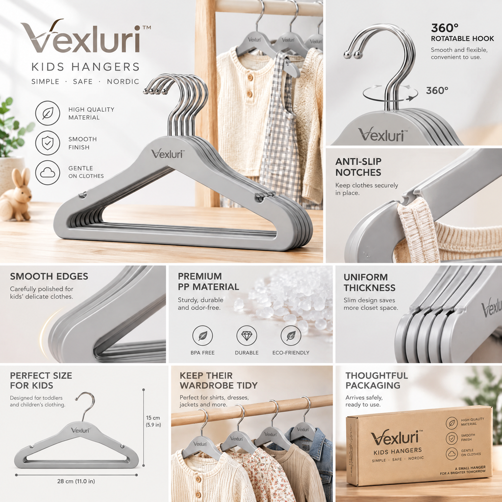 Vexluri™ Premium Kids Clothes Hangers – Smooth Finish Baby &amp; Toddler Hangers with 360° Swivel Metal Hooks and Shoulder Notches, Gentle on Delicate Garments (Nordic Gray)
