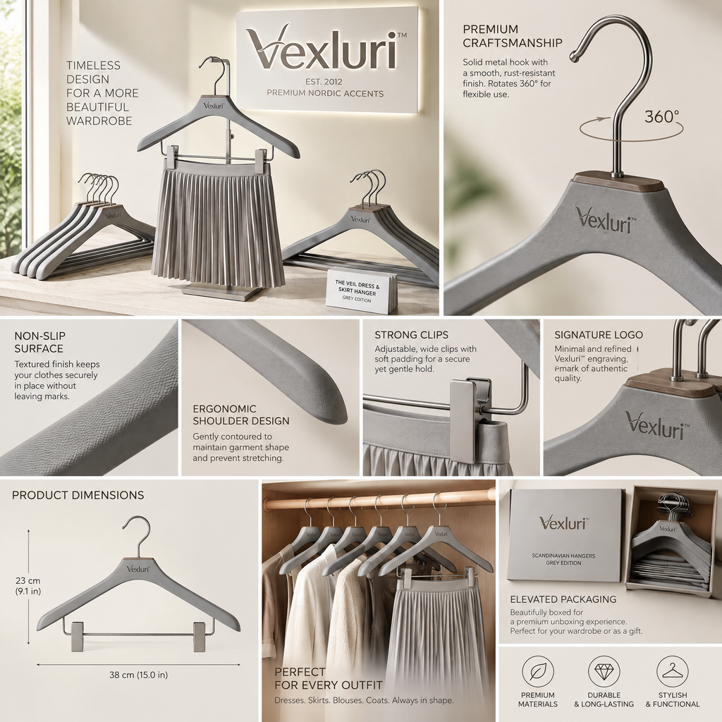 Vexluri™ The Veil Collection Luxury Dress &amp; Skirt Hangers with Clips – Premium Nordic Minimalist Non-Slip Coat &amp; Trouser Hangers, Matte Grey Edition
