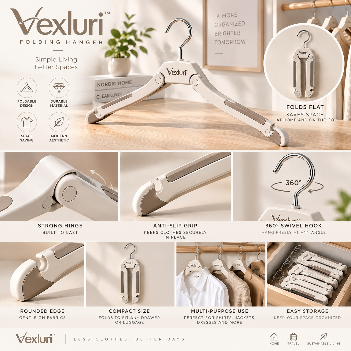 Vexluri™ Foldable Clothes Hangers – Space-Saving Non-Slip Portable Hangers for Closet Organization &amp; Travel
