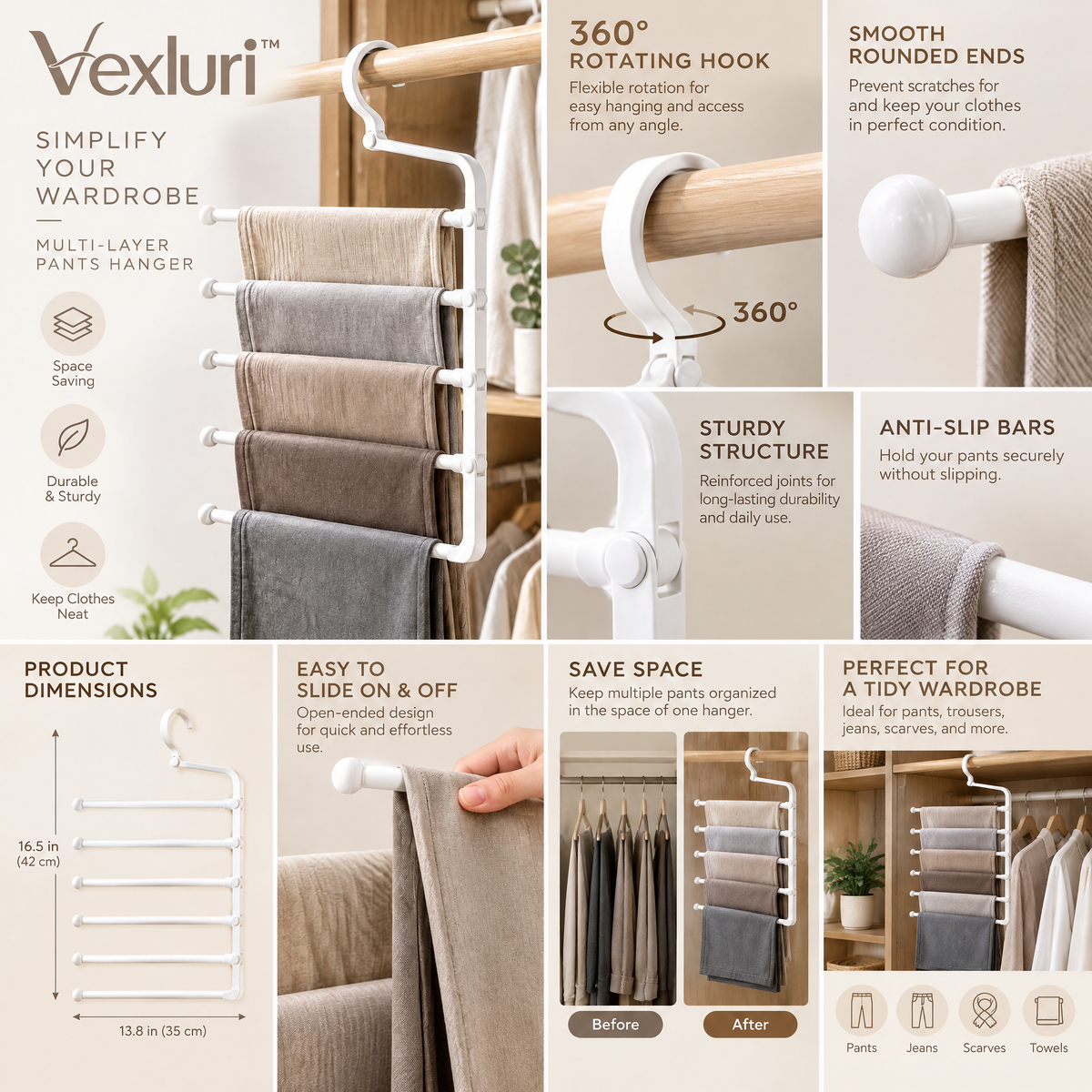 Vexluri™ 5-Tier Space-Saving Pants Hanger, Multi-Layer Closet Organizer for Trousers &amp; Jeans