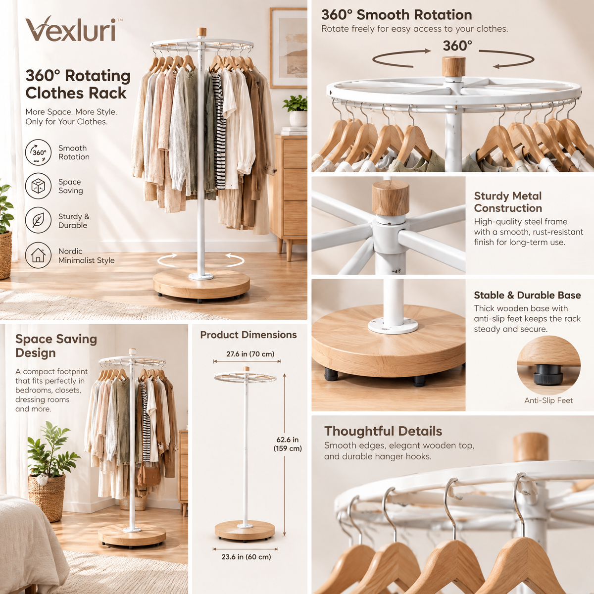 Vexluri™ 360° Rotating Clothes Rack – Freestanding Nordic Garment Organizer with Heavy-Duty Wood Base