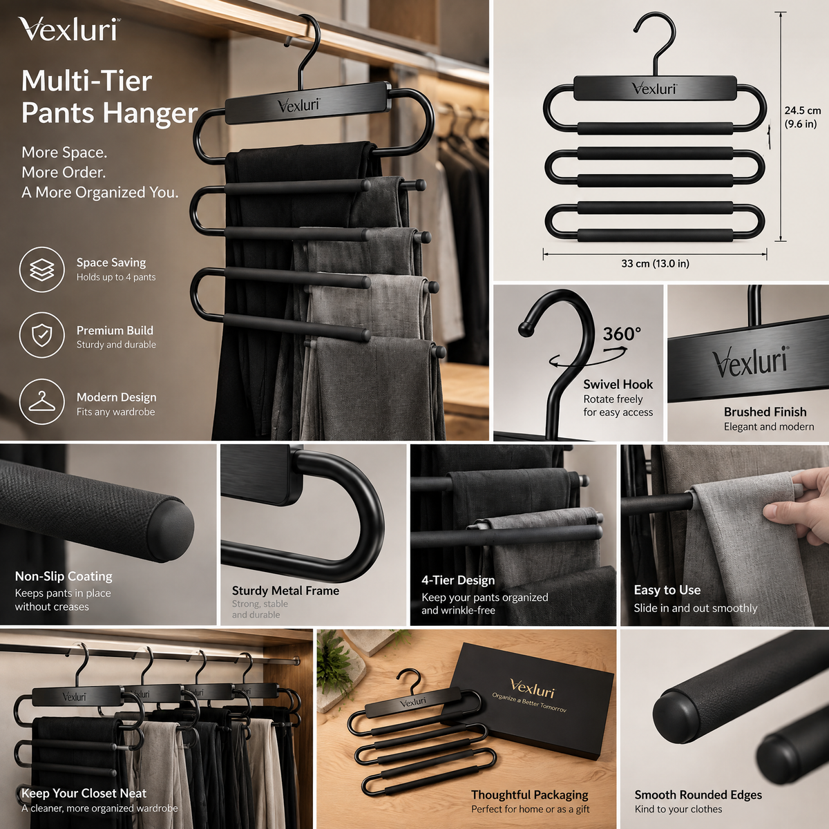 Vexluri™ 5-Tier Space-Saving Pants Hanger | Premium Matte Black Multi-Trouser Organizer