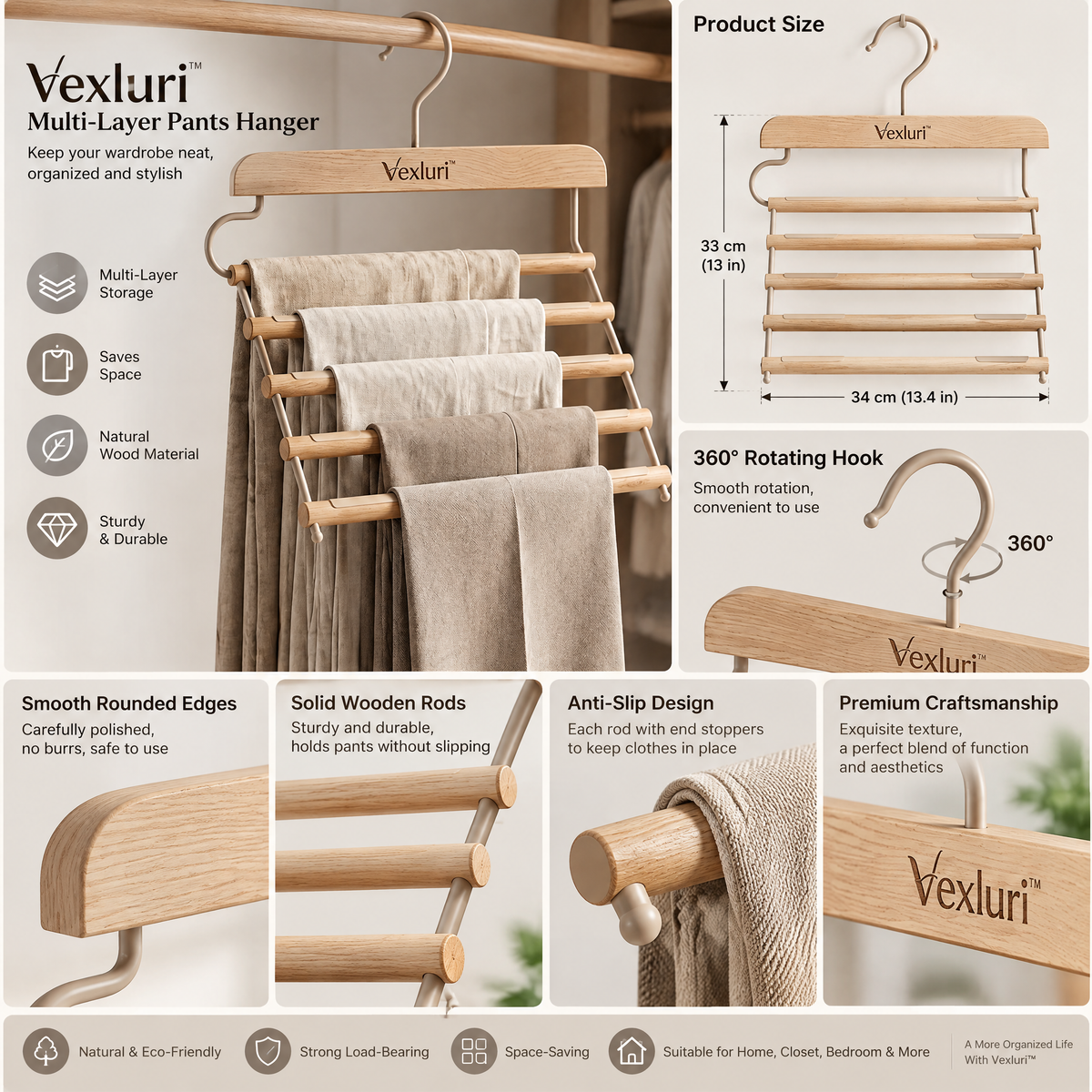 Vexluri™ 5-Tier Wooden Pants Hanger – Multi-Layer Space-Saving Trouser &amp; Closet Organizer