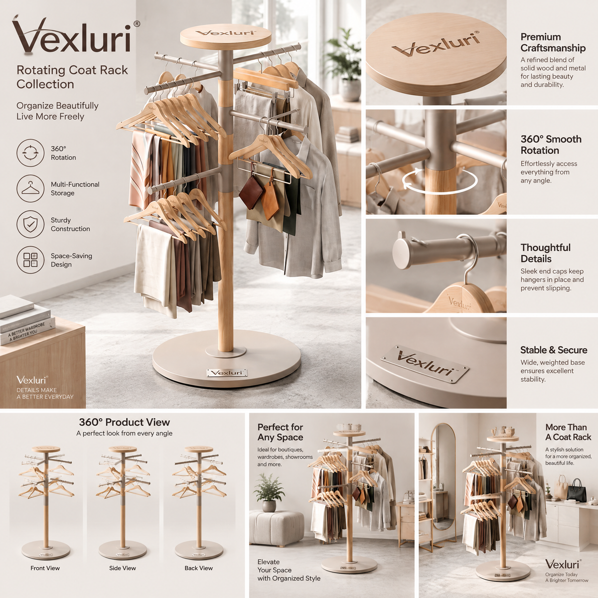 Vexluri™ 360° Rotating Freestanding Garment Rack – Modern Wood &amp; Metal Multi-Tier Clothes Display Stand for Boutiques and Home Closets